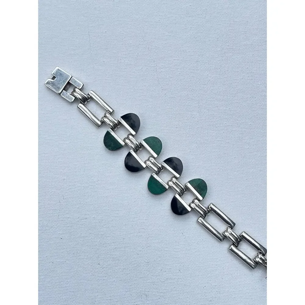 Vintage Taxco Mexico Sterling Silver Malachite Onyx Bracelet - 57 grams